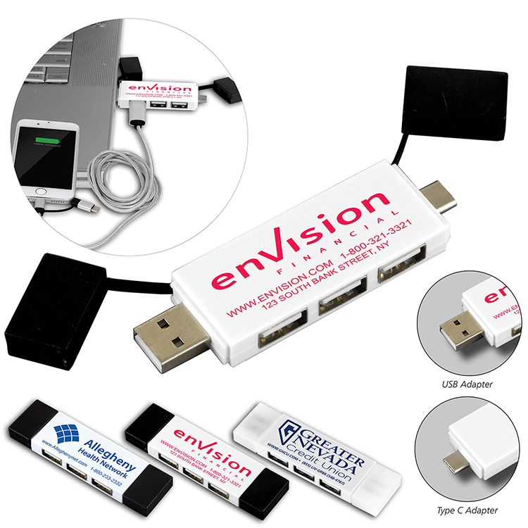 2-in-1 3 Port Mini USB Hub with Type A & Type C Adapter